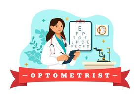 optometrista ilustración con oftalmólogo cheques paciente vista, óptico ojo prueba y gafas tecnología en plano dibujos animados antecedentes vector