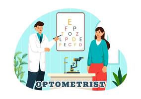 optometrista ilustración con oftalmólogo cheques paciente vista, óptico ojo prueba y gafas tecnología en plano dibujos animados antecedentes vector