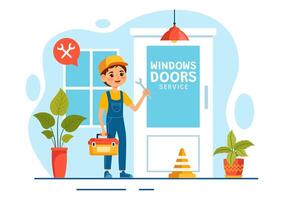 Windows and Doors Installation Service Illustration with Worker for Home Repair and Renovation use Tools in Flat Kids Cartoon Background Design vector