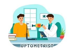 optometrista ilustración con oftalmólogo cheques paciente vista, óptico ojo prueba y gafas tecnología en plano dibujos animados antecedentes vector