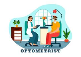 optometrista ilustración con oftalmólogo cheques paciente vista, óptico ojo prueba y gafas tecnología en plano dibujos animados antecedentes vector