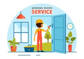 Windows and Doors Installation Service Illustration with Worker for Home Repair and Renovation use Tools in Flat Kids Cartoon Background Design vector