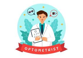 optometrista ilustración con oftalmólogo cheques paciente vista, óptico ojo prueba y gafas tecnología en plano dibujos animados antecedentes vector