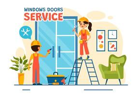 Windows and Doors Installation Service Illustration with Worker for Home Repair and Renovation use Tools in Flat Kids Cartoon Background Design vector