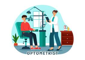 optometrista ilustración con oftalmólogo cheques paciente vista, óptico ojo prueba y gafas tecnología en plano dibujos animados antecedentes vector