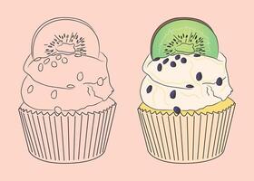 cupcake with slice of kiwi and sweet soft cream vector