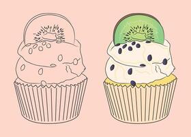 cupcake with slice of kiwi and sweet soft cream vector