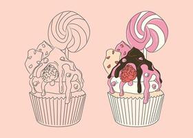 gorgeous sweet cupcake with frosting, chocolate, lollipops and raspberry vector