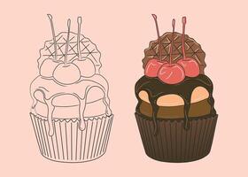 Chocolate cupcake with chocolate frosting, sweet cream, cookie and cherry on top vector