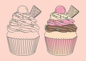 Hand drawn cupcake with candy and a slice of waffle vector