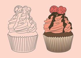 Chocolate cupcake with chocolate frosting, sweet cream and raspberry on top vector