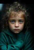 Adorable little girl with an intense and captivating gaze, looking directly at the camera photo