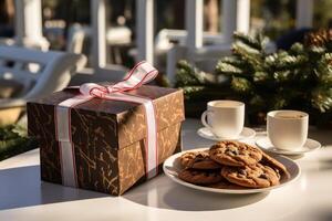 Festive new years gift displayed on table in warm and sunny setting, holiday celebration decor photo