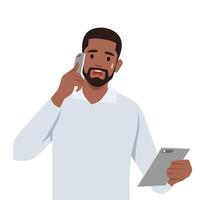 Young black man upset talking on the phone looking troubled by conversation. vector