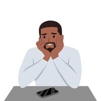 Young black man sitting holding his face with a bored face because there is no activity. vector