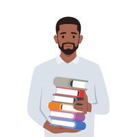 Young man holding a pile of educational books in hands. Student carrying huge stack of books. vector