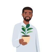 Young black man holding plant. vector