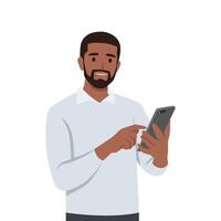 Young man is holding a smartphone. Communication in the network. vector