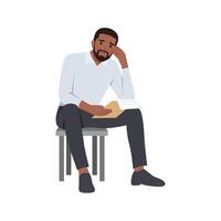 Young man tired manager working on computer. Sad or exhausted man at office. vector