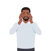 Young black man unhappy squeezing head with hands. Emotions and body language concept. Stress. vector