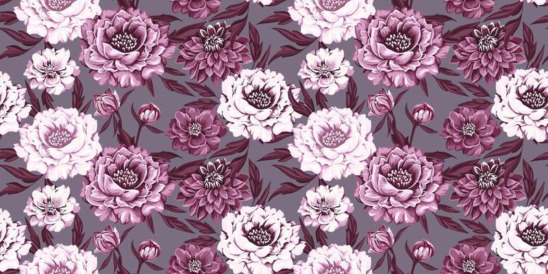 Artistic abstract flowers and leaves seamless pattern. hand drawn illustration. Blooming burgundy floral printing on gray background.