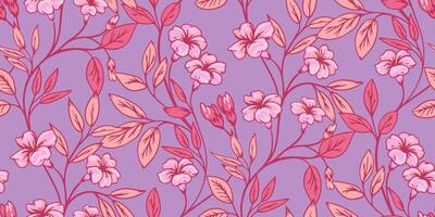 Blossoms colorful branches with wild flowers, leaves seamless pattern. hand drawn. Artistic, abstract floral stems print on a purple background. vector