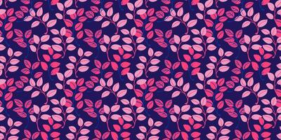 Colorful abstract tiny branches leaves seamless pattern on a dark blue background. Creative cute pink leaf stems patterned. hand drawn sketch doodle. Collage for printing, design, fabric vector