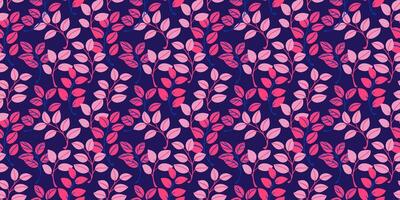 Colorful abstract tiny branches leaves seamless pattern on a dark blue background. Creative cute pink leaf stems patterned. hand drawn sketch doodle. Collage for printing, design, fabric vector