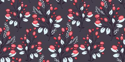 Dark seamless pattern with abstract artistic branches with shapes berries, drops, spots, tiny leaves. Creative colorful tapestry floral stems printing. vector