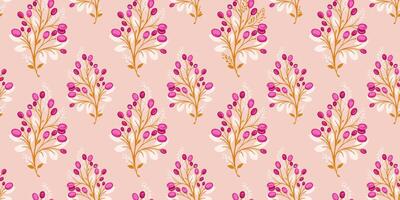 Pastel pink seamless pattern with abstract artistic branches with leaves shapes berries, drops, spots. hand drawn. Creative cute tapestry printing. Template for design, textile, fashion vector