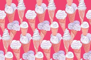 Abstract artistic ice cream cone seamless pattern in a pink background. hand drawn sketch. Colorful illustration summer fresh ice cream dessert. Collage for designs, kitchen textiles vector