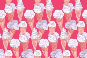 Abstract artistic ice cream cone seamless pattern in a pink background. hand drawn sketch. Colorful illustration summer fresh ice cream dessert. Collage for designs, kitchen textiles vector