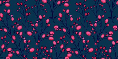 Seamless pattern with colored decorative branches with abstract shapes berries. Creative stems printing on a turquoise background. hand drawn. vector