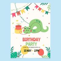 personaje serpiente con pastel cumpleaños invitación modelo vector