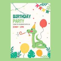 personaje serpiente con un globo cumpleaños invitación modelo vector