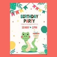 personaje serpiente con un regalo cumpleaños invitación modelo vector