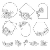 Hand drawn floral frames set. Sketch flower, leaves and branches decoration wreath with roses, peonies and other plants.Flower frame of different geometric shapes.Border branch vignette wreath. vector