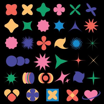 Abstract y2k geometric figures and shapes set on a black background. Memphis y2k elements collection.Trendy abstract minimalist figures in brutalist style.Vectlon illustration.Simple star and flower
