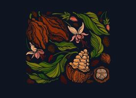 Cocoa symbol. Organic chocolate. Raw beans, green leaves with aroma fruits. Vintage illustration for food design vector