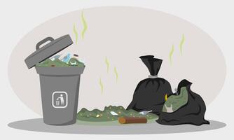 Rubbish and trash bags lying around dump. Black trash bags and garbage container with unsorted trash. vector