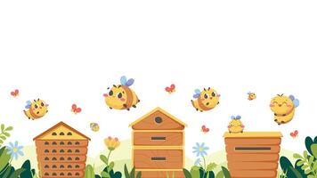 Banner, background with cartoon bees, hives and flowers. flat illustration on white background vector