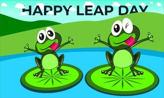 Happy leap day two frogs on lily pad in a calm pond enjoying. lol expression of both. vector