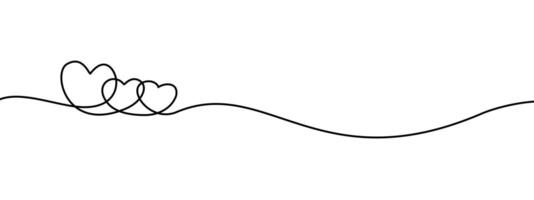 Three heart line draw on white isolated background. Continuous one line drawing of heart. Human falling in love concept. vector