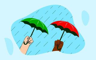 Hands of people with umbrellas protecting from heavy Dubai rain symbolizing onset of autumn with precipitation. Dubai flood 2024. Design of Natural Disaster Flood in Dubai. vector