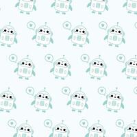 Kawaii cute pattern with green penguin robot and heart on white background. vector