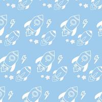 Outline rocket in space pattern on blue background. vector