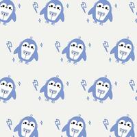 Kawaii cute pattern with blue penguin robot on white background. vector