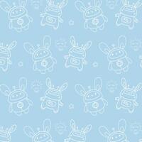 Pattern with cute bunny robots on blue background vector