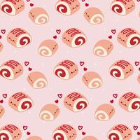 Hand drawn pattern with swiss roll.Kawaii cute seamless pattern with swiss roll on pink background. vector