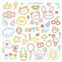 Set of cute hand drawn doodle for kids.Hand drawn colored set of simple decorative elements. Various icons such as hearts, stars, speech bubbles, cat, lines isolated on white background. vector